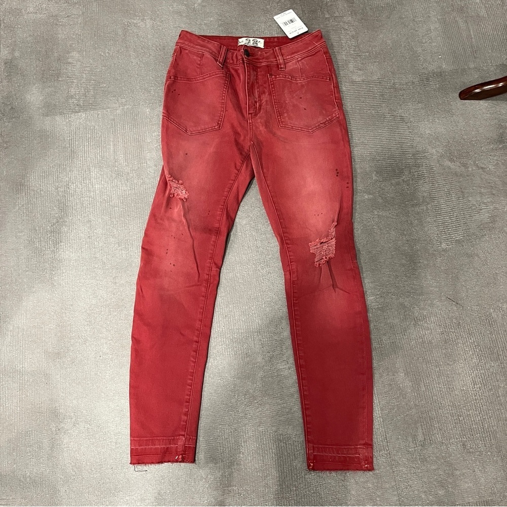 Free People Red Distressed Ankle Jeans